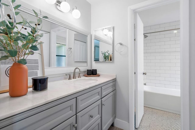 bathroom featuring shower / bathtub combination, vanity, and tile patterned flooring