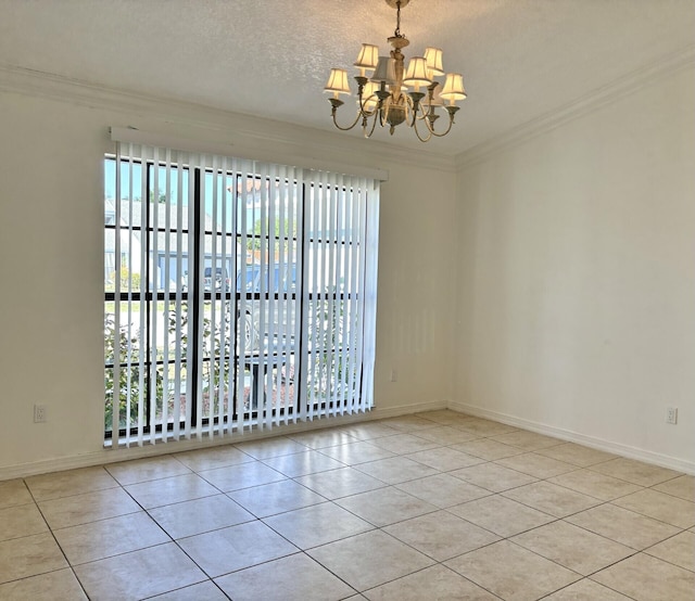 empty room featuring crown molding, baseboards, an inviting chandelier, tile patterned floors, and a textured ceiling