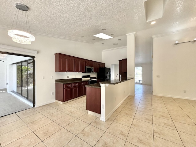 kitchen featuring light tile patterned floors, black fridge with ice dispenser, range with electric cooktop, and stainless steel microwave