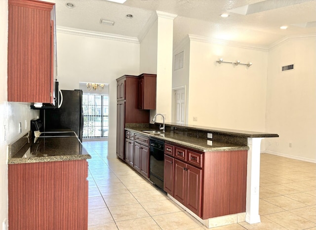 kitchen with light tile patterned flooring, dishwasher, crown molding, and a sink