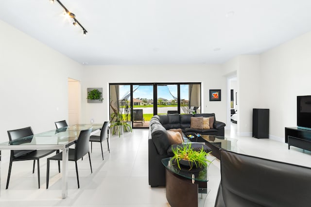 living room featuring baseboards and track lighting