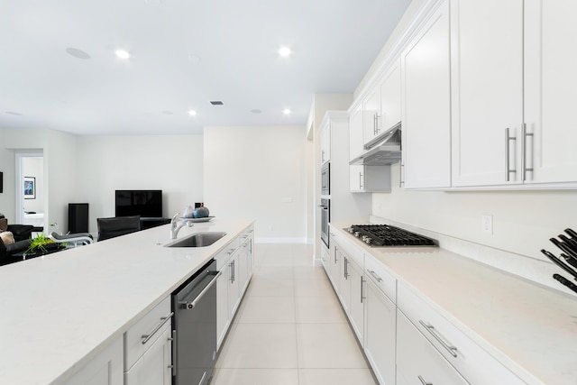 kitchen featuring a sink, stainless steel appliances, under cabinet range hood, and light countertops