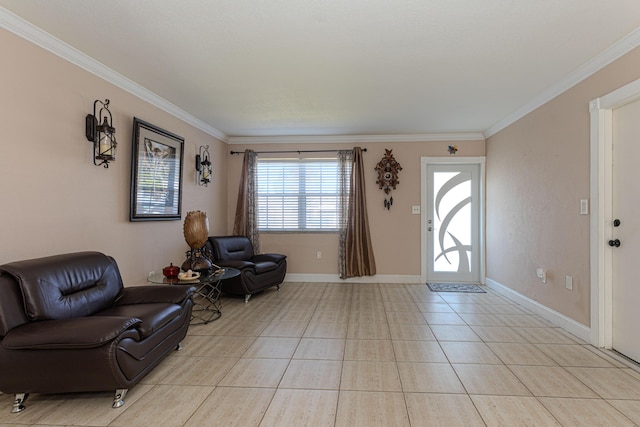 interior space with light tile patterned floors, baseboards, and ornamental molding