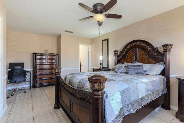 bedroom with visible vents, a ceiling fan, light tile patterned flooring, wallpapered walls, and baseboards