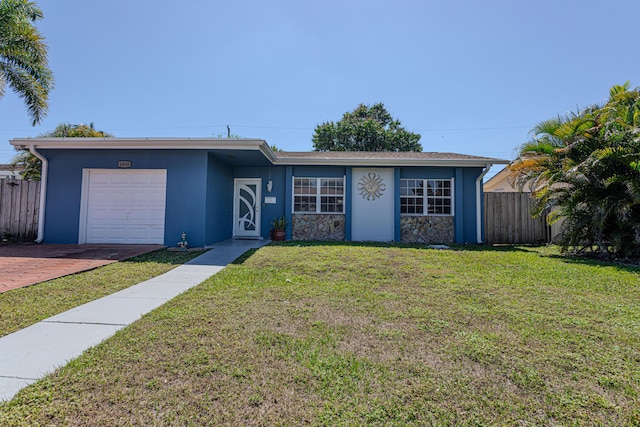 ranch-style home with stucco siding, a front lawn, and fence