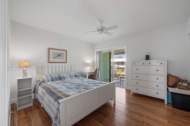 bedroom with wood finished floors, a ceiling fan, and access to outside