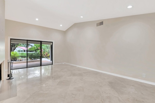 6740 Lago Vista Ter, Boca Raton, FL 33433 - spare room featuring recessed lighting, visible vents, baseboards, and vaulted ceiling