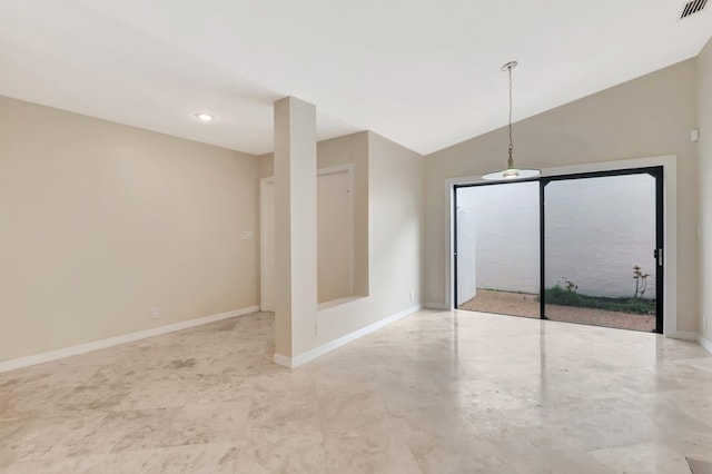 unfurnished room featuring vaulted ceiling, visible vents, and baseboards