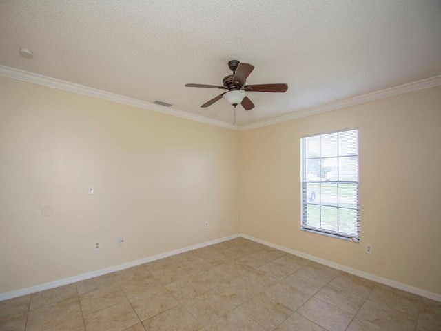 unfurnished room featuring baseboards, a textured ceiling, ceiling fan, and crown molding