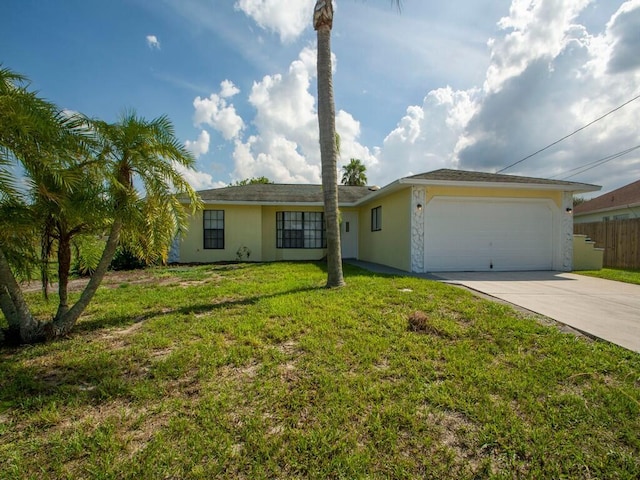 ranch-style house featuring fence, driveway, an attached garage, stucco siding, and a front lawn