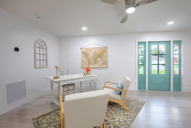 office with a ceiling fan, wood finished floors, recessed lighting, and visible vents