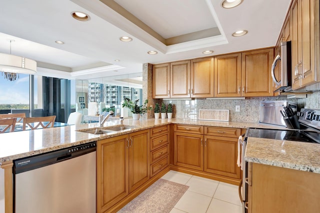 kitchen with a wealth of natural light, stainless steel appliances, a tray ceiling, and a sink