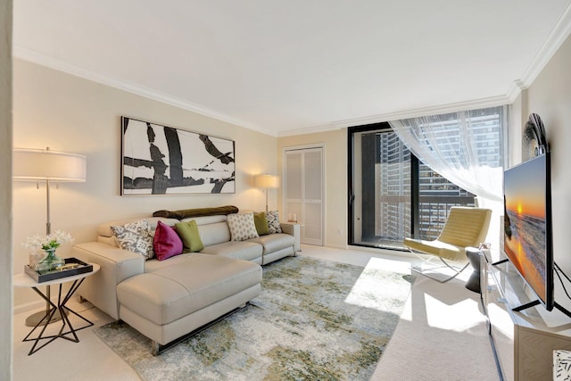 living area featuring carpet floors, baseboards, and ornamental molding