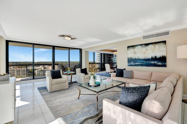 living room featuring visible vents, floor to ceiling windows, marble finish floor, and ornamental molding