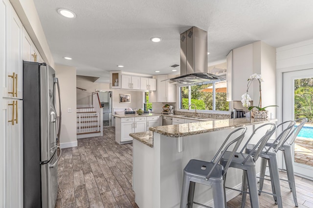 kitchen with plenty of natural light, a peninsula, island exhaust hood, and stainless steel appliances