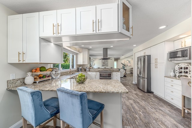 kitchen with a peninsula, white cabinets, wood finished floors, and appliances with stainless steel finishes