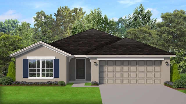 view of front facade featuring concrete driveway, a front yard, roof with shingles, stucco siding, and an attached garage