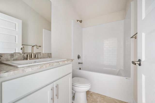 full bath featuring tile patterned floors, shower / washtub combination, toilet, and vanity