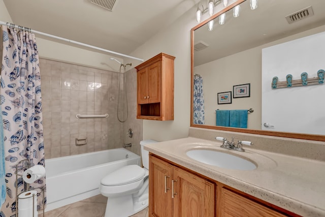 bathroom with tile patterned flooring, visible vents, toilet, shower / bath combo with shower curtain, and vanity