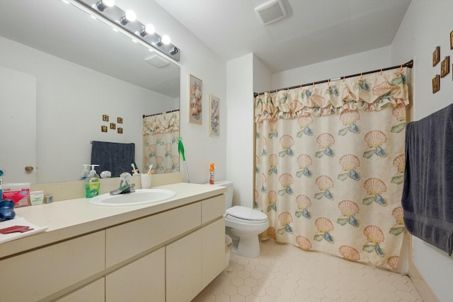 bathroom with tile patterned floors, visible vents, toilet, a shower with shower curtain, and vanity