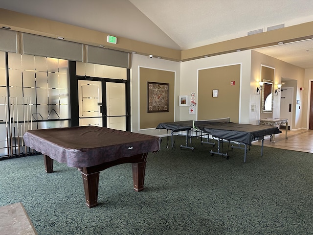 playroom featuring visible vents, vaulted ceiling, carpet flooring, and billiards