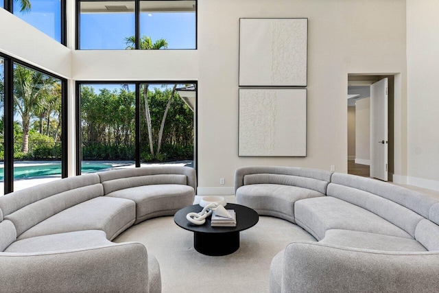 living room with baseboards and a high ceiling