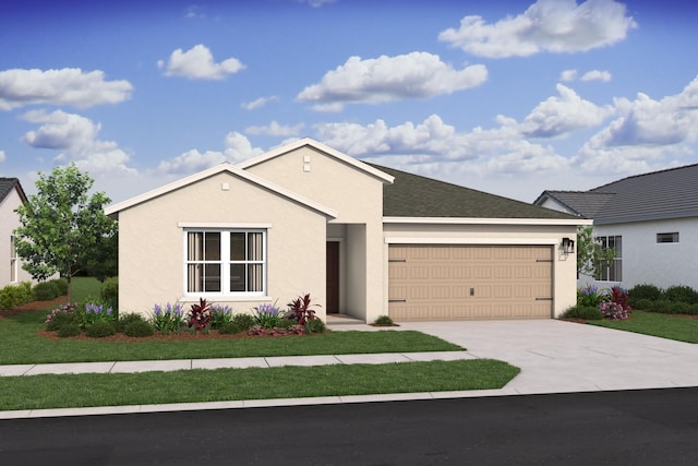 ranch-style home featuring stucco siding, an attached garage, and concrete driveway