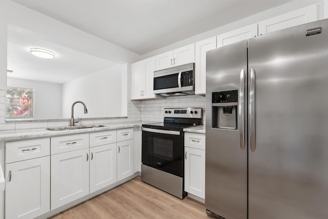 kitchen featuring backsplash, light wood-style flooring, stainless steel appliances, white cabinetry, and a sink