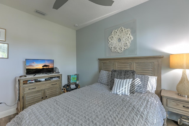 bedroom featuring visible vents, ceiling fan, and baseboards