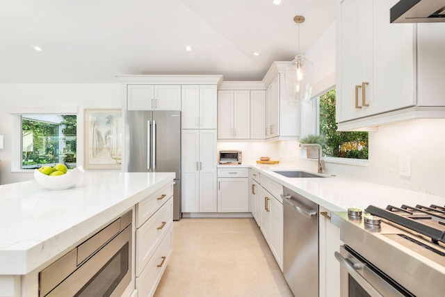 kitchen featuring a sink, appliances with stainless steel finishes, exhaust hood, and a healthy amount of sunlight