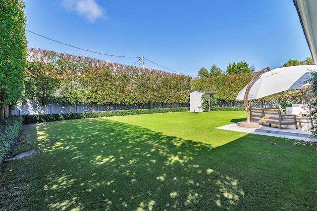 view of yard featuring an outdoor structure, a storage unit, a fenced backyard, and a patio area