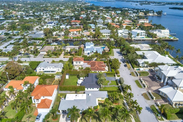 aerial view featuring a residential view and a water view