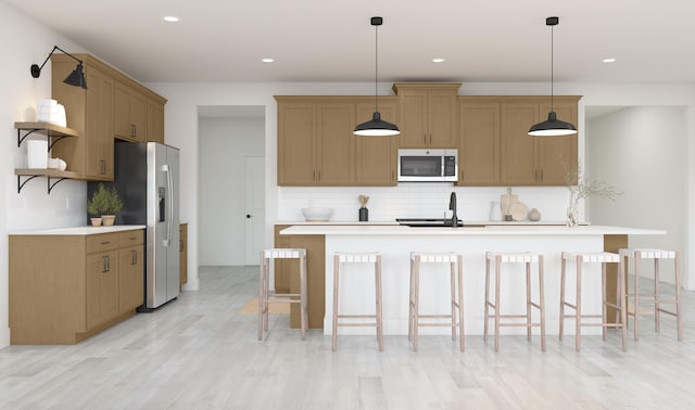 kitchen with white microwave, tasteful backsplash, light countertops, hanging light fixtures, and open shelves