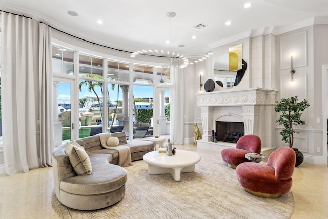 4216 Intracoastal Dr, Highland Beach, FL 33487 - living room with crown molding, recessed lighting, a premium fireplace, and a towering ceiling