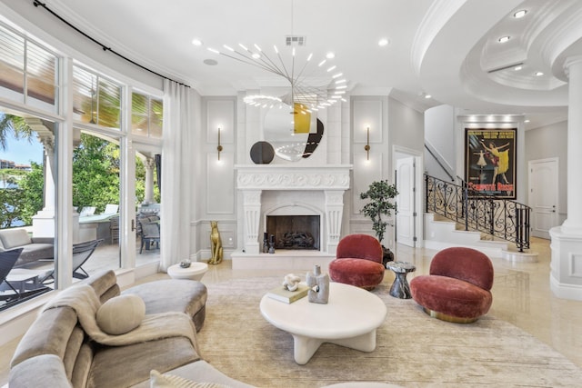 4216 Intracoastal Dr, Highland Beach, FL 33487 - living area with ornamental molding, recessed lighting, a decorative wall, ornate columns, and a towering ceiling