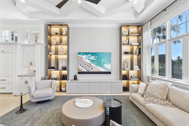4216 Intracoastal Dr, Highland Beach, FL 33487 - tiled living room featuring ornamental molding, coffered ceiling, beamed ceiling, recessed lighting, and ceiling fan