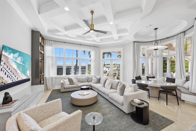 4216 Intracoastal Dr, Highland Beach, FL 33487 - living area with a ceiling fan, ornamental molding, coffered ceiling, beam ceiling, and recessed lighting