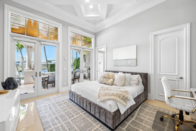 4216 Intracoastal Dr, Highland Beach, FL 33487 - tiled bedroom with access to exterior, coffered ceiling, crown molding, beam ceiling, and recessed lighting