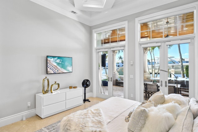 4216 Intracoastal Dr, Highland Beach, FL 33487 - bedroom with french doors, access to exterior, multiple windows, ornamental molding, and coffered ceiling