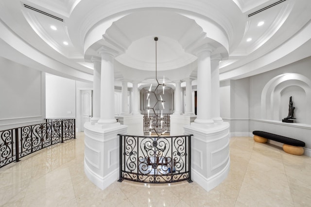 4216 Intracoastal Dr, Highland Beach, FL 33487 - hallway featuring decorative columns, ornamental molding, a decorative wall, and recessed lighting