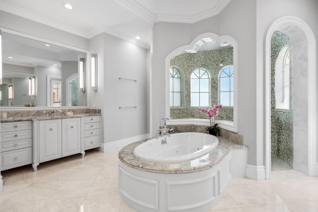 4216 Intracoastal Dr, Highland Beach, FL 33487 - full bathroom featuring crown molding, a whirlpool tub, vanity, baseboards, and recessed lighting