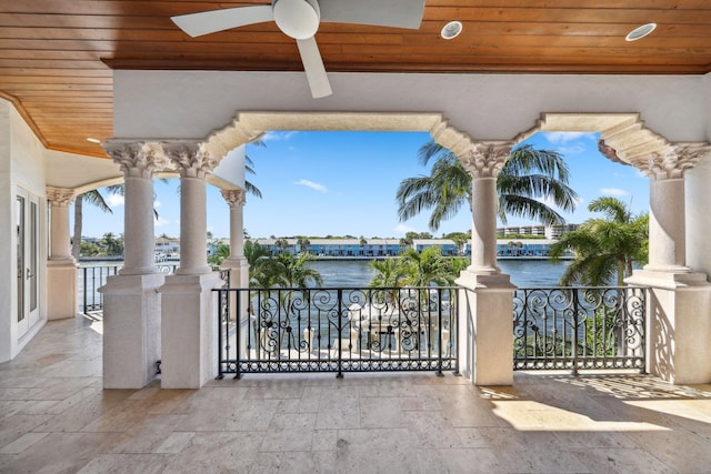 4216 Intracoastal Dr, Highland Beach, FL 33487 - view of patio / terrace featuring a balcony, ceiling fan, and a water view