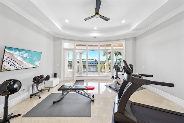 4216 Intracoastal Dr, Highland Beach, FL 33487 - workout room featuring a raised ceiling, a ceiling fan, healthy amount of natural light, crown molding, and recessed lighting