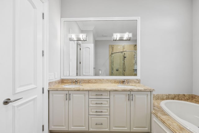 4216 Intracoastal Dr, Highland Beach, FL 33487 - full bathroom with ornamental molding, a shower stall, double vanity, and a garden tub