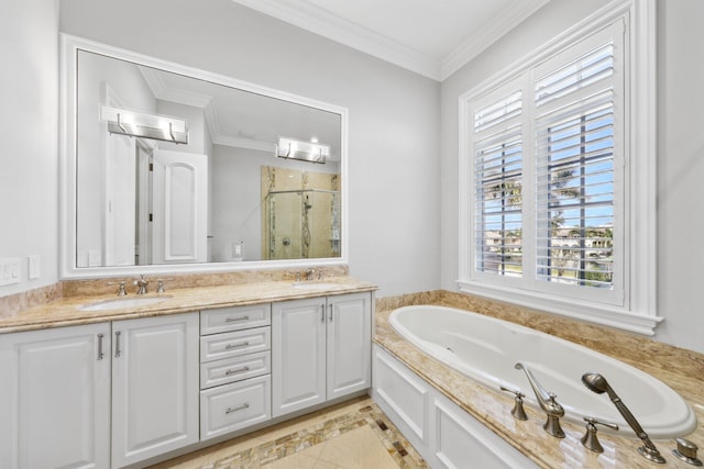 4216 Intracoastal Dr, Highland Beach, FL 33487 - full bath featuring a shower stall, plenty of natural light, a garden tub, double vanity, and crown molding