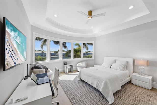 4216 Intracoastal Dr, Highland Beach, FL 33487 - bedroom with crown molding, a raised ceiling, recessed lighting, ceiling fan, and baseboards