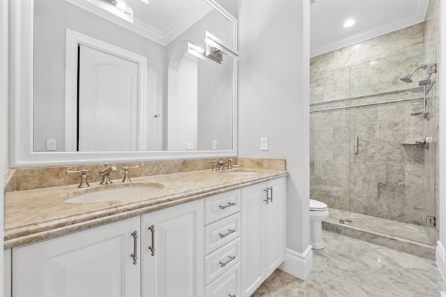 4216 Intracoastal Dr, Highland Beach, FL 33487 - full bath featuring ornamental molding, a shower stall, toilet, double vanity, and marble finish floors