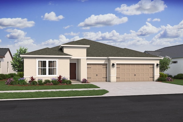 ranch-style home featuring concrete driveway, a garage, roof with shingles, and stucco siding