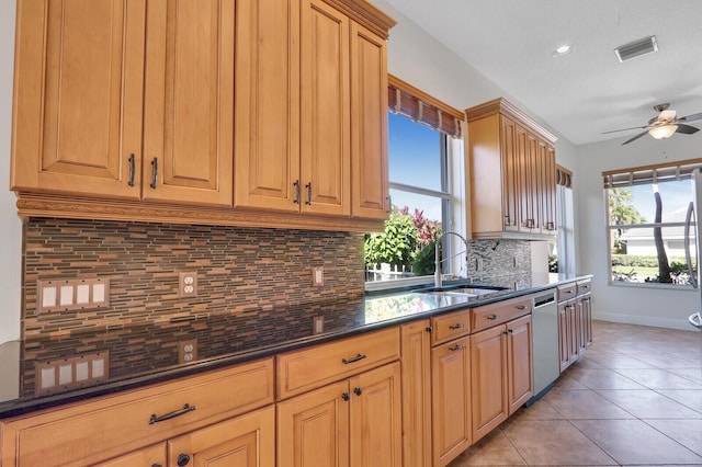 kitchen with light tile patterned floors, visible vents, a sink, decorative backsplash, and stainless steel dishwasher