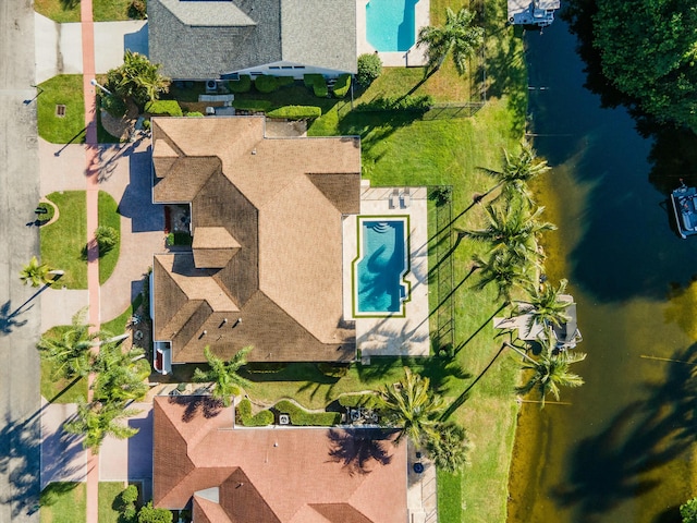 aerial view featuring a water view